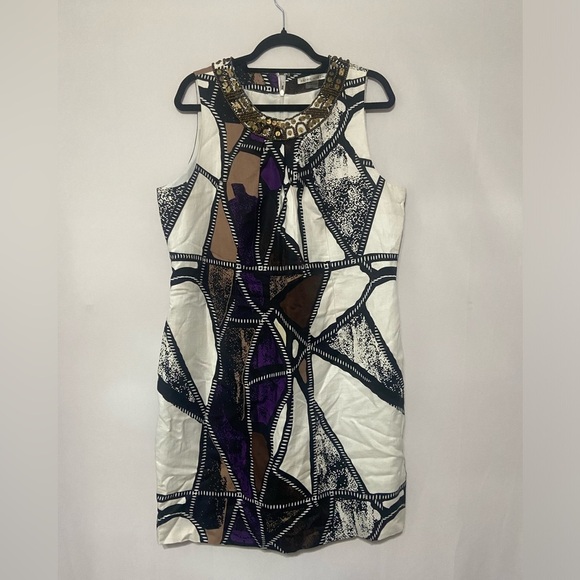 Peter Nygard LIKE NEW artsy geometric beaded linen blend sheath dress size 16 - Picture 1 of 6